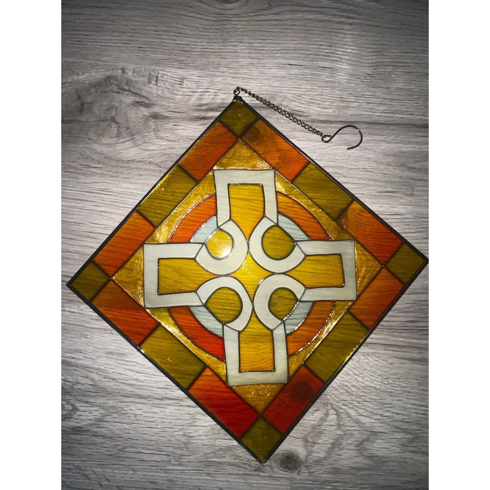 Vintage Crafted Stained Glass Hanging Art Window Panel, Orange 10.5 X 10.5‎